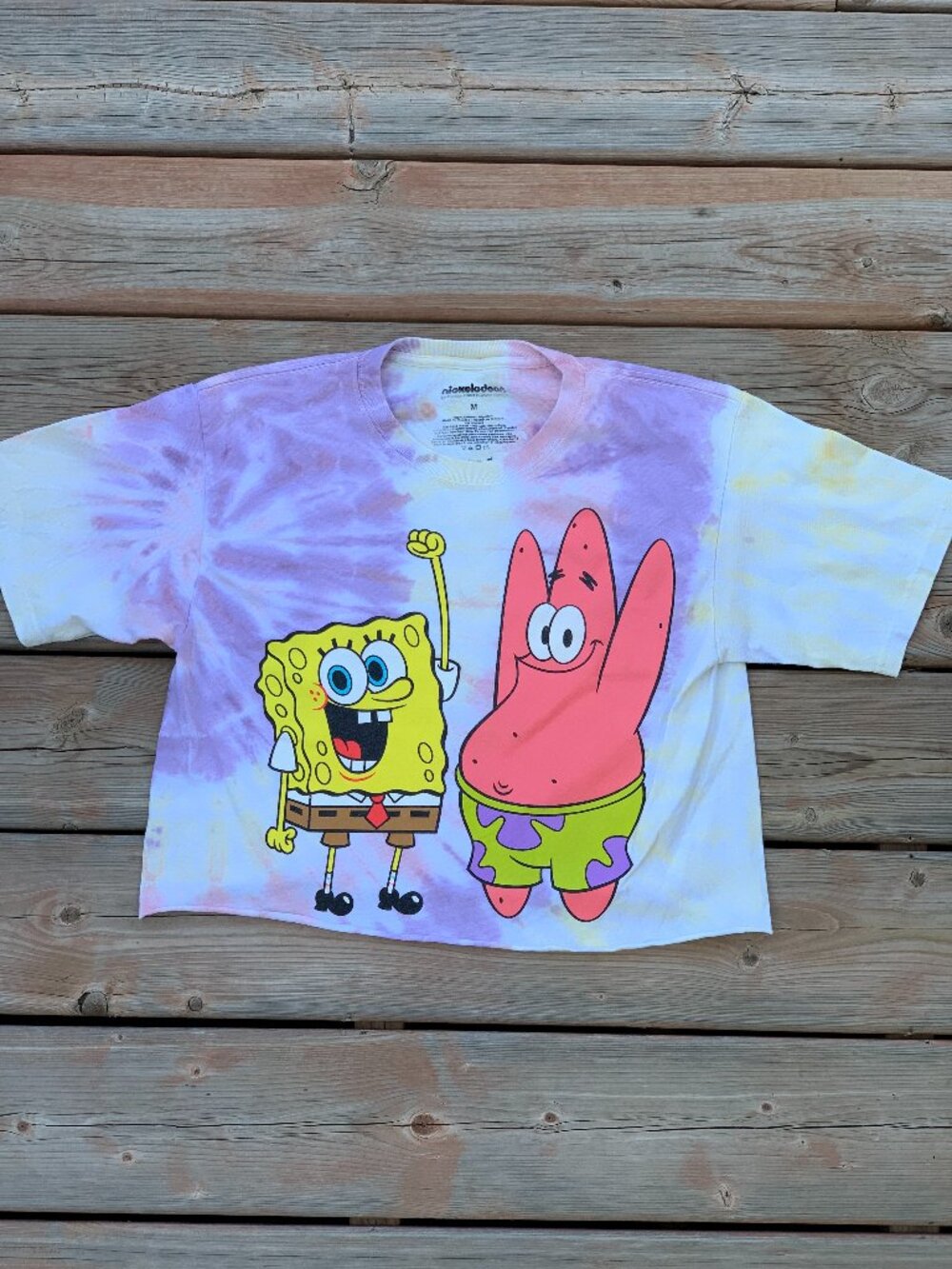 Sponge Bob Square Pants Tie Dyed Cropped T Shirt Patrick Star Cartoon